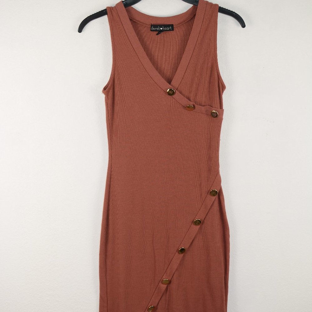 Derek Heart Brown Bodycon Dress Size Medium Ribbed with Gold Button Details